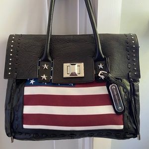 Aimee Kestenberg Black Leather American Flag Tote Laptop Bag